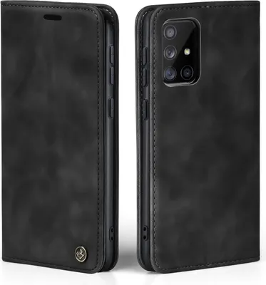 A black flip-style phone case for a Samsung Galaxy A71 is shown from two angles.