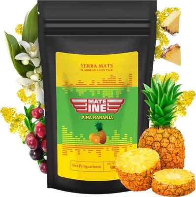Immagine prodotto di Tè Yerba Mate MateIne Pina Naranja 500 g - Yerba Mate del Paraguay con frutti di ananas e fiori d'arancio - senza aromi artificiali aggiunti