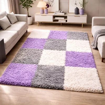 Image de Tapis Shaggy multicolore lilas, gris et crème pour le salon et la chambre à coucher – tapis moderne à poils longs, doux et élégant, dimensions : 200 x 290 cm