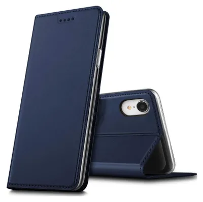 A dark blue flip case for an iPhone XR is shown from two angles, one closed and one open, revealing the phone's camera.