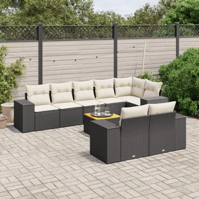 Produktbild von Design 9-tlg. Garten-Sofagarnitur mit Kissen Schwarz Poly Rattan, Gartenmöbel-Sets 2024 Neu