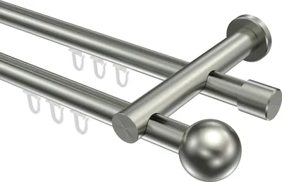 Produktbild von Interdeco Innenlaufstange / Gardinenstange mit Innenlauf Edelstahl-Optik, Typ Platon Luino (Kugel), 20 mm Ø 2-läufig, 440 cm
