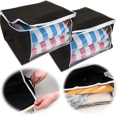 Produktbild von LS-LebenStil 2x XL Unterbettkommode Schwarz 60cm Unterbettbox Aufbewahrungsbox Vliesstoff Aufbewahrungstasche Bettdecken Kleidung faltbar Sichtfenster