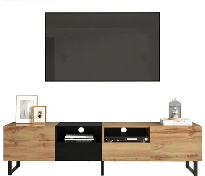 Produktbild von Moderner TV-Ständer mit schwarzem und holzfarbenem Design – geräumiger Stauraum, robuste Konstruktion, Naturholz, 38 cm, 48 cm, MDF