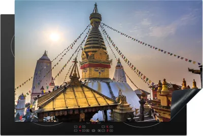 Produktbild von KitchenYeah© Herdabdeckplatte Foto des Swayambhunath-Tempels in Nepal mit farbigem Himmel , 80x52cm, Küche Deko, Glaskeramikkochfeld Herdabdeckung, Abdeckplatte fùr Kochfeld