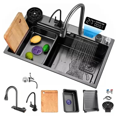 Obrázek produktu pro Dřez – umyvadlo – dřez na nádobí – vestavný dřez – nerezová ocel, černá barva – rozměry 68x45 cm