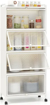 A white kitchen cabinet with multiple shelves and transparent doors, filled with various kitchen items and food containers.