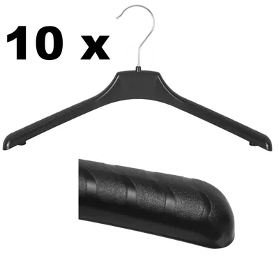A black plastic hanger is shown with a close-up of its textured grip.