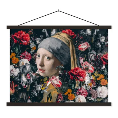 Produktbild von MuchoWow® Textilposter Das Mädchen mit dem Perlenohrring - Blumen - Johannes Vermeer 150x113 cm mit schwarzem Rahmen - Wohnzimmer