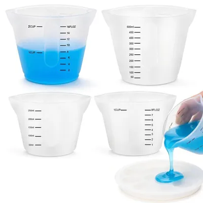 Obrázek produktu pro Sada silikonových odměrných kelímků, 4 kusy, objem 250 ml a 500 ml, s míchacími tyčinkami, určená pro epoxidovou pryskyřici a sádru