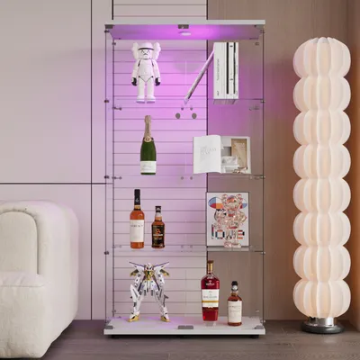 Produktbild von CDGlobal Glasvitrine Standvitrine in Weiß,163x80x36CM Modern Glas Vitrine Vitrinenschrank mit 4 Böden und LED aus ESG für Sammlerstücke Bücher Wein