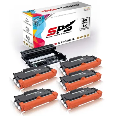 A product shot of toner cartridges and a drum unit with a box in the background.