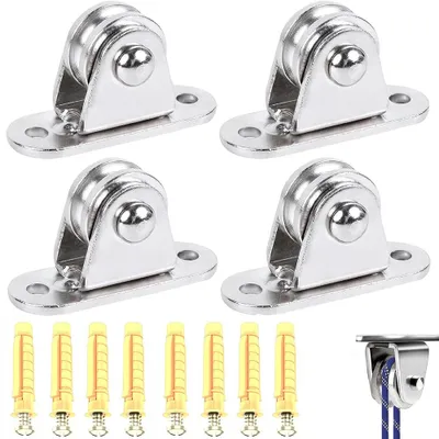 Produktbild von Umlenkrollen 4 Stück – mit Befestigungsplatte & Doppellager – für Seile 3–6 mm – inkl. 4 Schrauben & 4 Hülsen – für Wäscheleinen & Fitnessgeräte