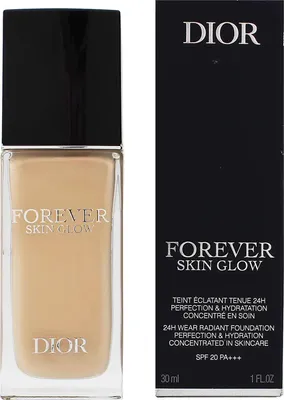 A bottle of Dior Forever Skin Glow foundation next to its packaging.