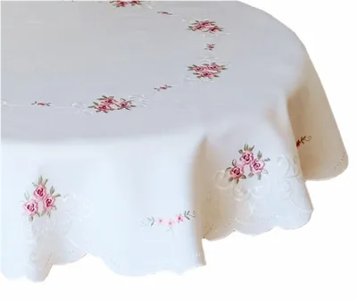 Image de Nappe Nappe Broderie Roses Fleurs Printemps Chemin de table Bordure festonnée 160 cm rond
