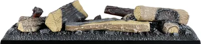 A set of artificial logs for a fireplace, resting on a dark, textured base.