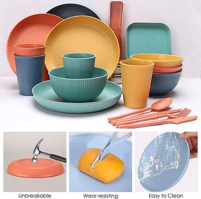 Produktbild von 48-teiliges lichtgewicht Kunststoff-Dinerset für 4 Personen, Camping- und Picknick-Serviesset, farbenfrohe BBQ-Servietten, Teller, Becher, Besteck, Gabeln