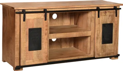 Produktbild von SIT Möbel TV-Lowboard aus Mango-Holz | 2 Schiebetüren, 2 offene Fächer | natur mit antikschwarzen Beschlägen | B 130 x T 40 x H 63 cm | 14221-01 | Serie NAMUR