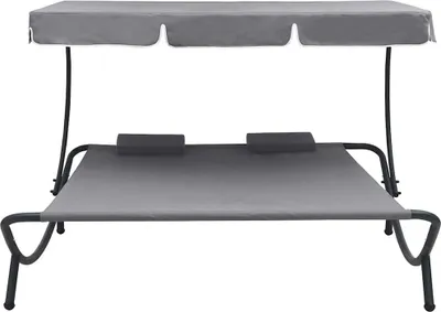 A grey double sun lounger with a canopy and two pillows, shown from the front on a white background.