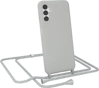 Produktbild von EAZY CASE Handykette kompatibel mit Samsung Galaxy A13 5G Handyhülle zum Umhängen, Silikon Hülle mit Band, Schutzhülle mit Ersatzkordel, Stylische Kette für Smartphone, Hell Grau / Weiß