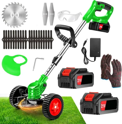 A collection of images showing a cordless grass trimmer and its accessories, laid out on a green grassy surface and a white background.