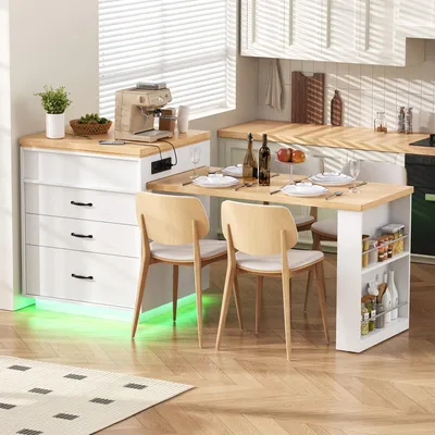 Produktbild von Merax Kücheninsel mit Rollen, Servierwagen mit Ausziehbarer Esstisch, LED-Beleuchtung, USB/Type-C-Anschlüsse, Stauraum, Sideboard Küchenwagen, Weiß