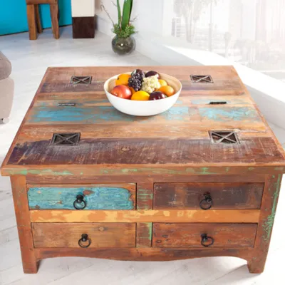 Produktbild von riess-ambiente Massiver Couchtisch JAKARTA 70cm bunt Truhe aus recycelten Fischerbooten Holz mit Schubladen Beistelltisch Tisch
