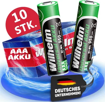 Two AAA batteries are shown in front of a box of batteries, with a German flag tag and lightning effects.