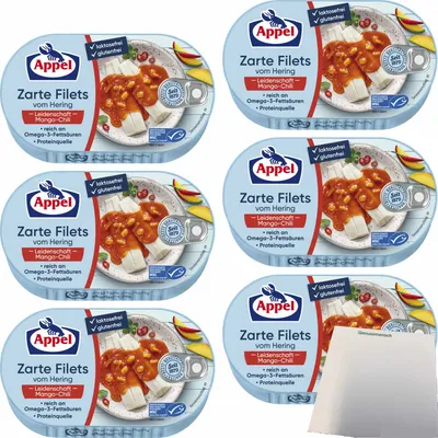 Produktbild von Appel Zarte Filets vom Hering Leidenschaft Mango-Chili 6er Pack (6x200g Dose) + usy Block