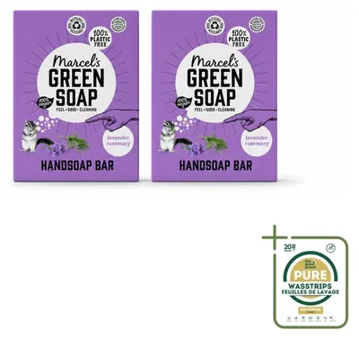 Imagen del producto de 2 jabones de manos artesanales "Marcel's Green Soap", aroma lavanda y romero - 90 g cada uno - Paquete de 2 unidades