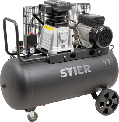 Zdjęcie produktu dla Kompresor STIER LKT 880-10-90, 3000 W, maks. ciśnienie 10 bar, zbiornik 90 litrów, 81 kg, odpowiedni do zastosowań wymagających dużego zużycia powietrza, wymiany opon, prac budowlanych