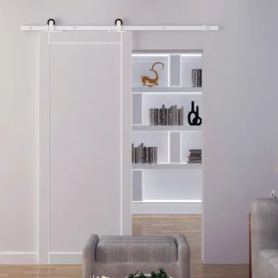 Produktbild von Gleitschienen-Bausatz Scheunentür Laufschiene, Schiebetür Doppelbeschlag 2-türig, Kohlenstoffstahl, Weiß  |  vorgebohrt  |  bis 100 kg  |  183 cm