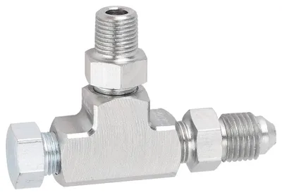 Zdjęcie produktu dla Adapter trójnik redukcyjny, 3-drożny, gwint 1/8" NPT do 4AN, oraz blok z wtykiem do czujnika ciśnienia oleju