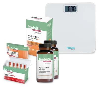 Produktbild von Genius Feelvita Nutrition Balance-Set, 5-tlg.- 2x LipoXanthin, 1x LipoXanthin Forte, 1x NeoXanthin (mit Kollagenhydrolysat) & Digitale Körperwaage