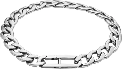 A silver chain bracelet is displayed against a white background.