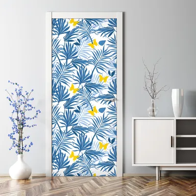 Produktbild von Dekorative Aufkleber selbstklebend Türaufkleber Türposter  blaue Blätter und Schmetterlinge 77 x 200 cm