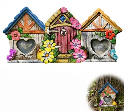 Feentür aus Holz, 3 Stück, bunt, 10 x 9 cm, für Baum und Garten