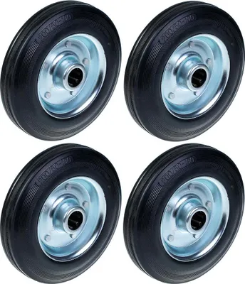 Image de roue 200mm 8" en caoutchouc noir avec alésage central en acier pressé 25mm 185kg - Lot de 4