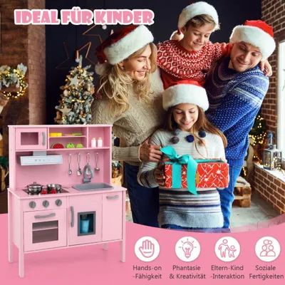 Produktbild von Spielküchenset aus Holz für Kinder mit Mikrowelle, Rosa, 72 x 30 x 90 cm