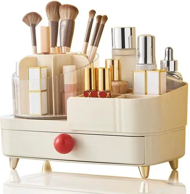 Image de Organisateur de maquillage rotatif à 360° Unyqoos® avec plusieurs tiroirs, grand espace de rangement pour cosmétiques – rouge, idéal pour la salle de bain, la chambre et la table de maquillage