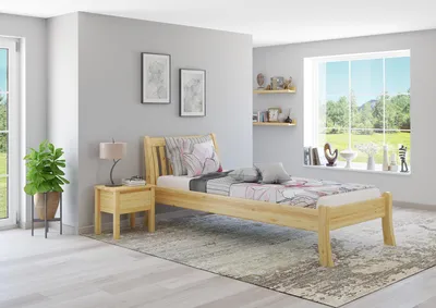 Produktbild von Gästebett Einzelbett Echtholzbett 90x200 hohe Sitzkante Kiefer massiv wählbares Zubehör V-60.61-09Rollrost inkl.