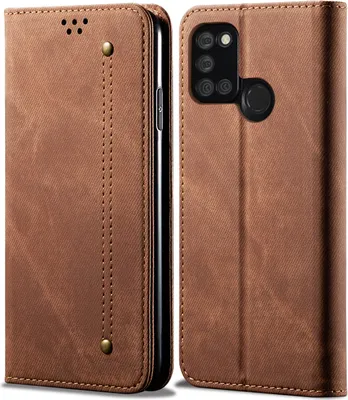 Produktbild von OPPO Realme 7i Hülle, LaimTop Denim Leder Brieftasche Magnetverschluss Flip Bookstyle Schutzhülle mit Standfunktion für OPPO Realme 7i Braun