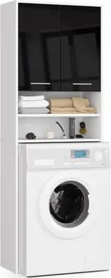 Produktbild von Badezimmerschrank über der Waschmaschine: zwei Türen, vier Einlegeböden, Farbe: weiß | glänzend schwarz, Möbelmaße: B: 64 cm, H: 180 cm, T: 30 cm