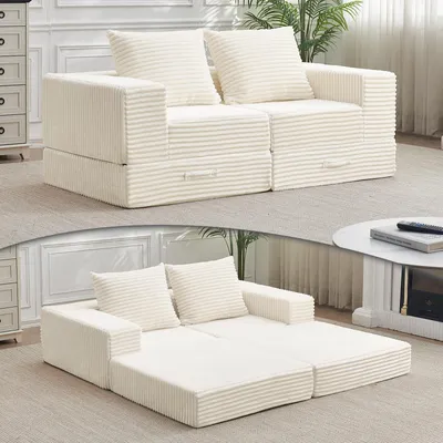 2-Sitzer Schlafsofa ausziehbar 180 cm beige mit 2 Kissen
