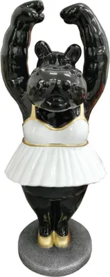 Produktbild von Casa Padrino Luxus Deko Skulptur Nilpferd Ballerina Schwarz / Weiß / Gold / Grau 43 x 43 x H. 98 cm - Wetterbeständige Dekofigur - Wohnzimmer Deko - Garten Deko - Terrassen Deko
