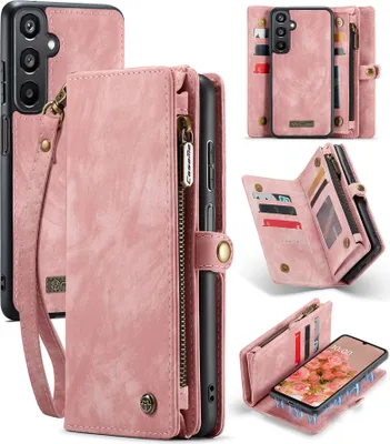 Image de Etui pour Samsung Galaxy A16 5G/4G, étui en cuir vintage multifonctionnel avec fentes pour cartes et fermeture éclair rose