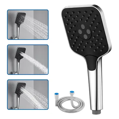 Produktbild von Auralum Handbrause Set mit 1,5m Schlauch, 3 Funktionen, Chrom & Schwarz, ABS, Silikondüsen, Duschkopf