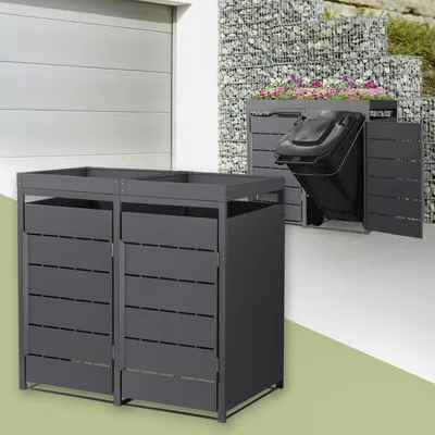Produktbild von ML-Design Mülltonnenbox 2er mit Pflanzdach, Mülltonnenverkleidung für 2 Tonne, 240L, 132x80x124 cm, Anthrazit, aus Stahl, wetterfest, Müllbox mit Tür