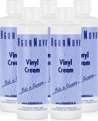 A group of five bottles of AguaNova Vinyl Cream against a white background.