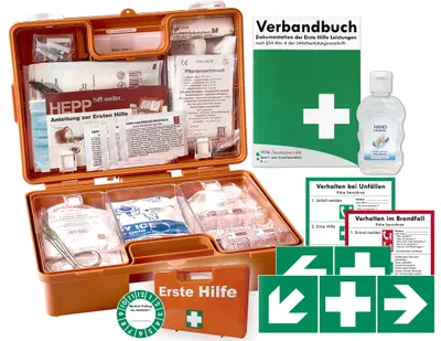 Produktbild von Verbandskoffer (K) Typ C - INKL. 90° ARRETIERUNG -Paket 1- Erste Hilfe -akt. DIN 13157 (Betriebe) INKL. VERBANDBUCH + Hygiene-Gel + Aufkleber
